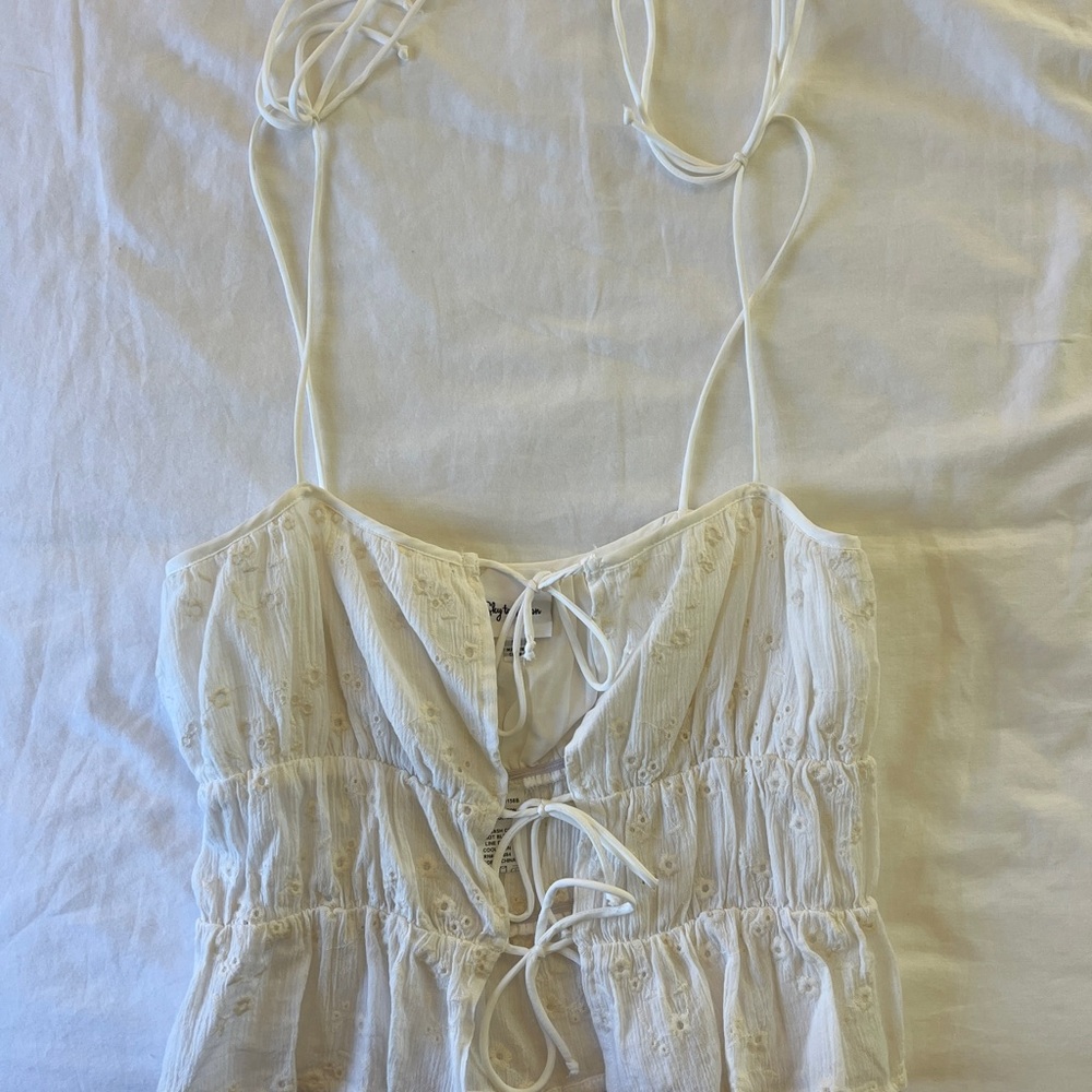 White Eyelet Tie-Front Spaghetti Strap Top - Women